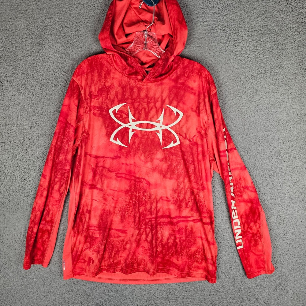 Under Armour Hoodie Mens XL Red Iso-Chill Shoreman Fish Hoodie Sun Shirt 1361274